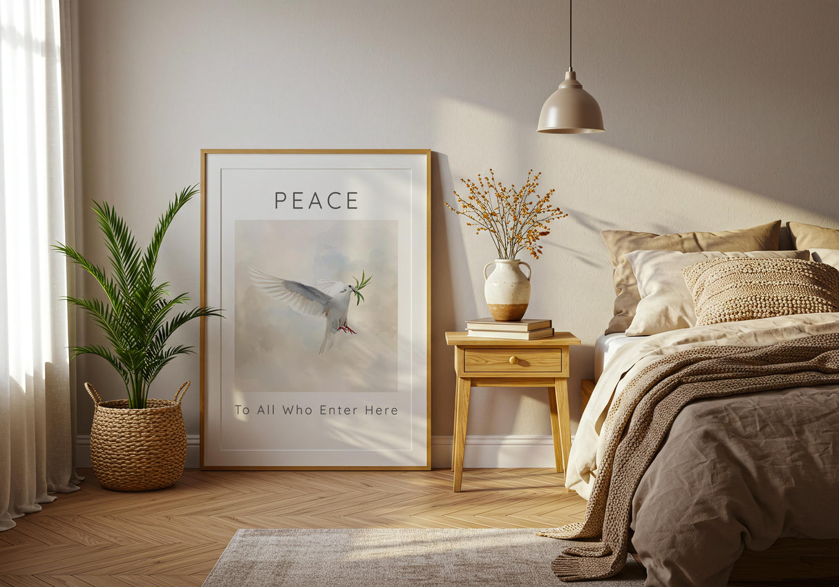 Peace To All Who Enter Here – Tranquil wall decor with dove and olive branch.