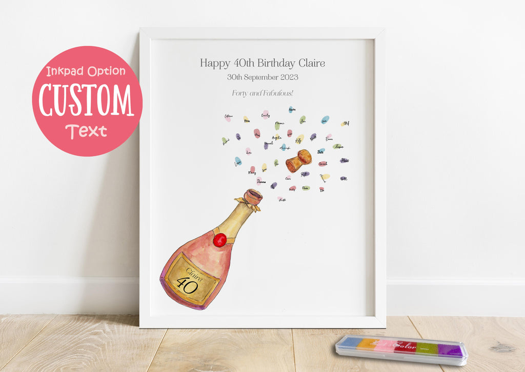 Unique 40th birthday party print, Memorable 40th birthday gift: Personalized print with champagne bottle and guest fingerprints
