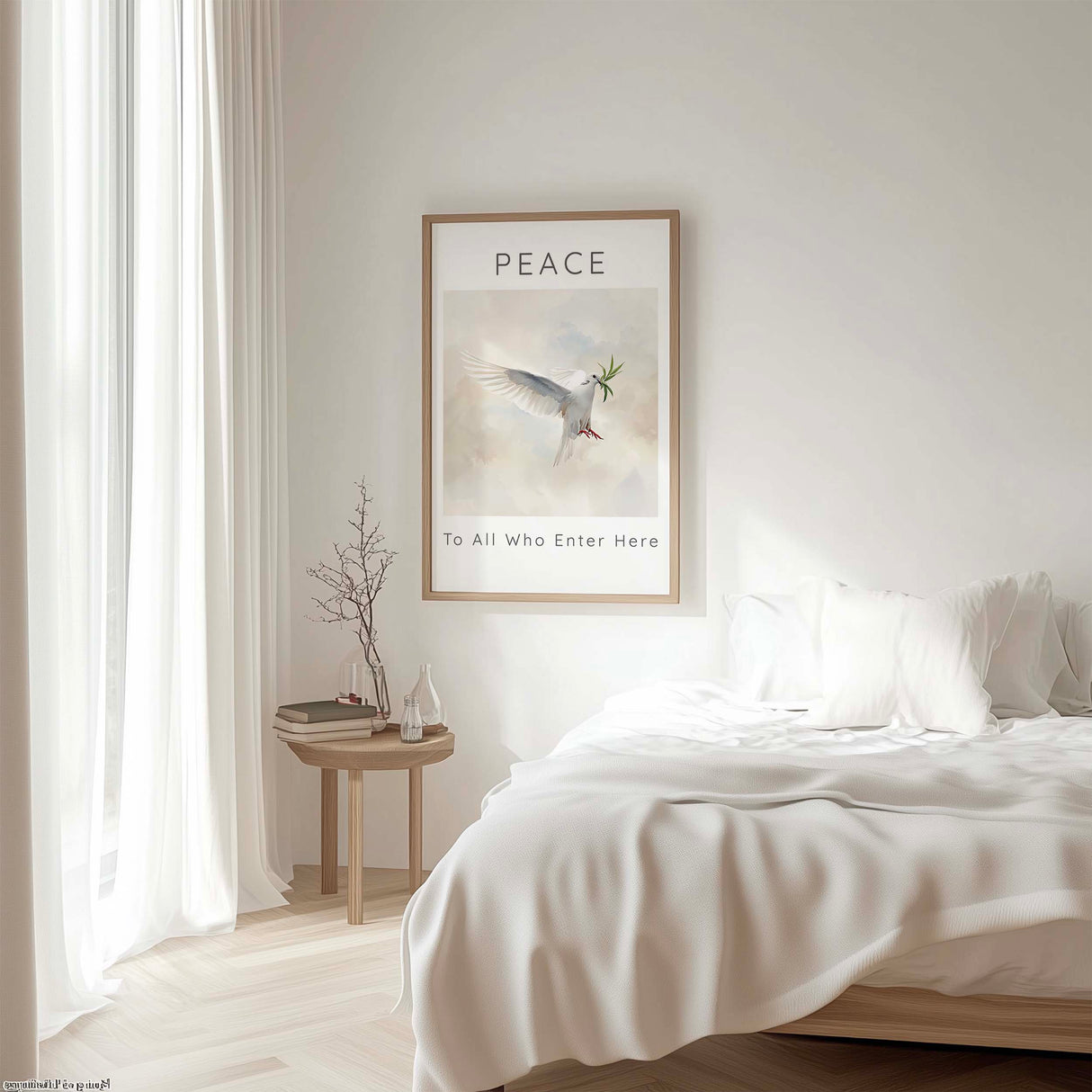 Peace To All Who Enter Here – Gentle dove artwork bringing calm and serenity.