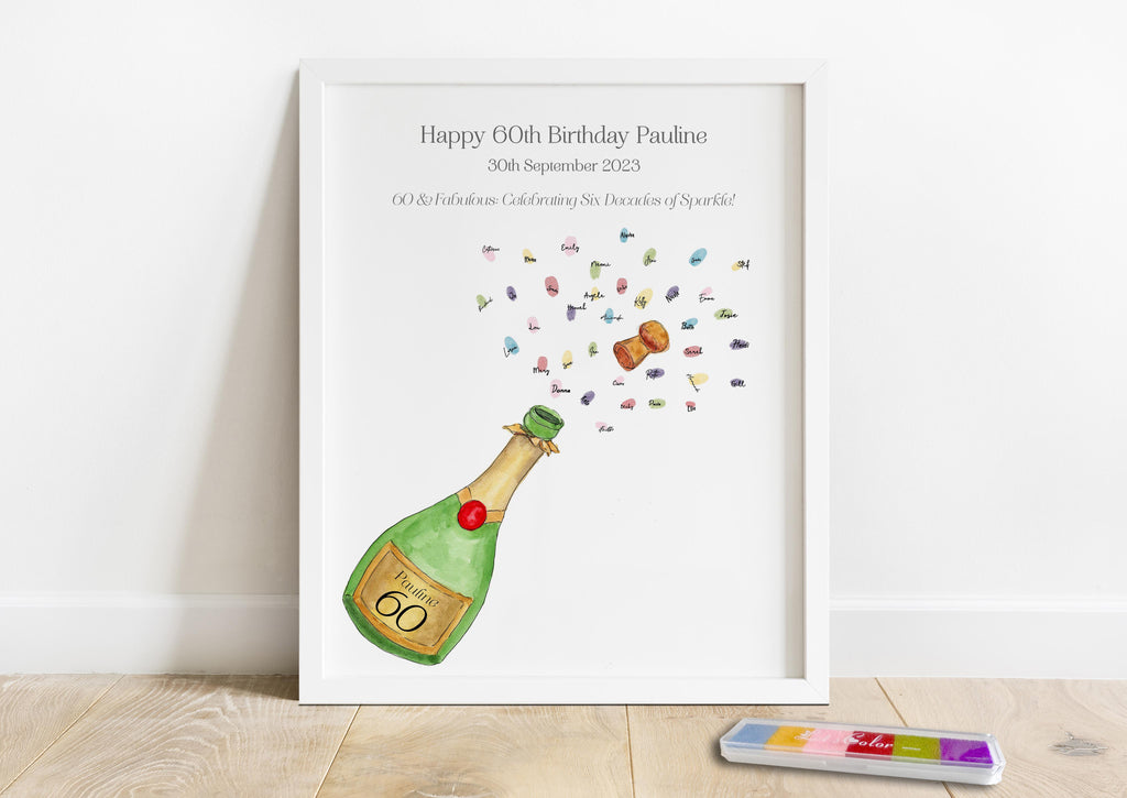 Personalized champagne bottle signature print, Customizable fingerprint bubble keepsake for 60th birthday