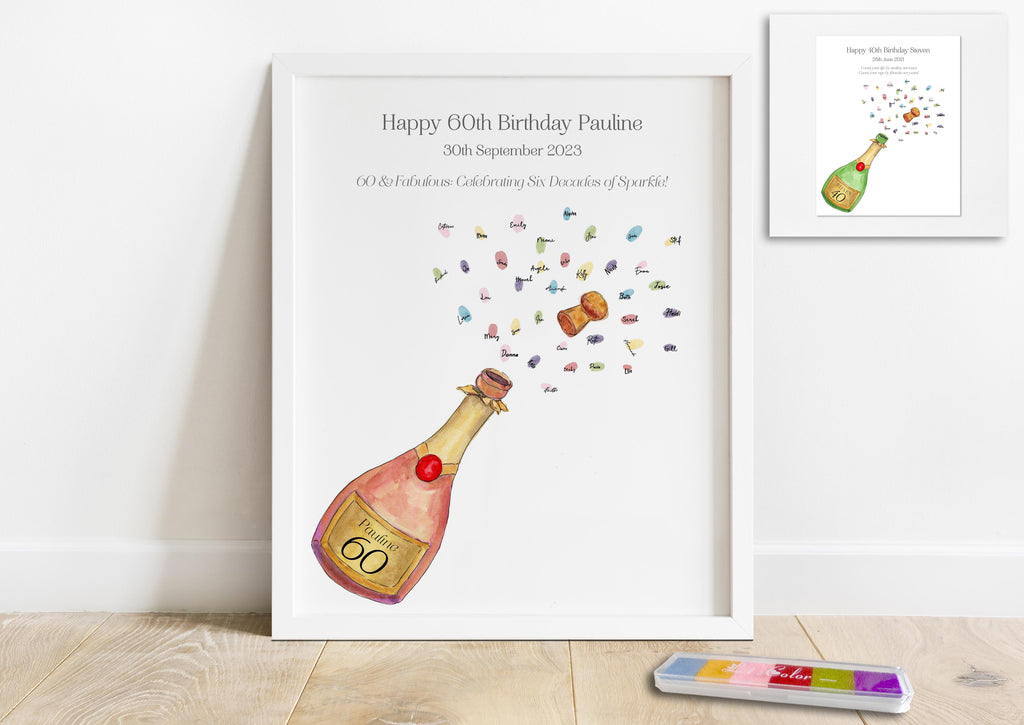 Personalised champagne bottle fingerprint keepsake with inkpad, Customisable fingerprint bubbles artwork for 60th celebration