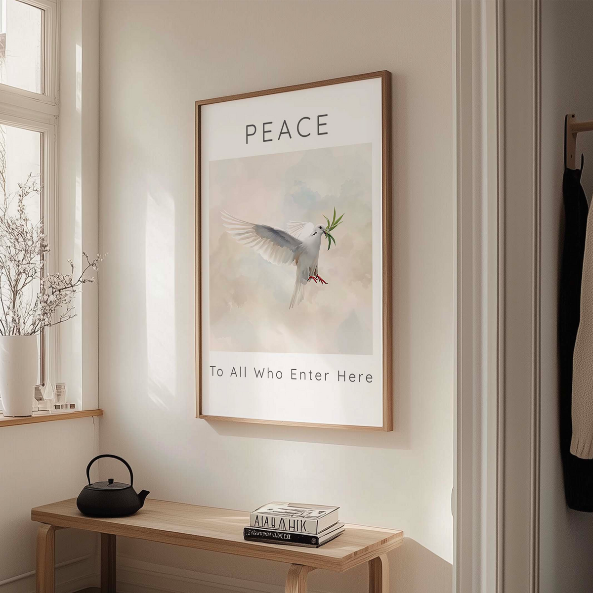 Peace To All Who Enter Here – White dove in flight carrying olive branch artwork.