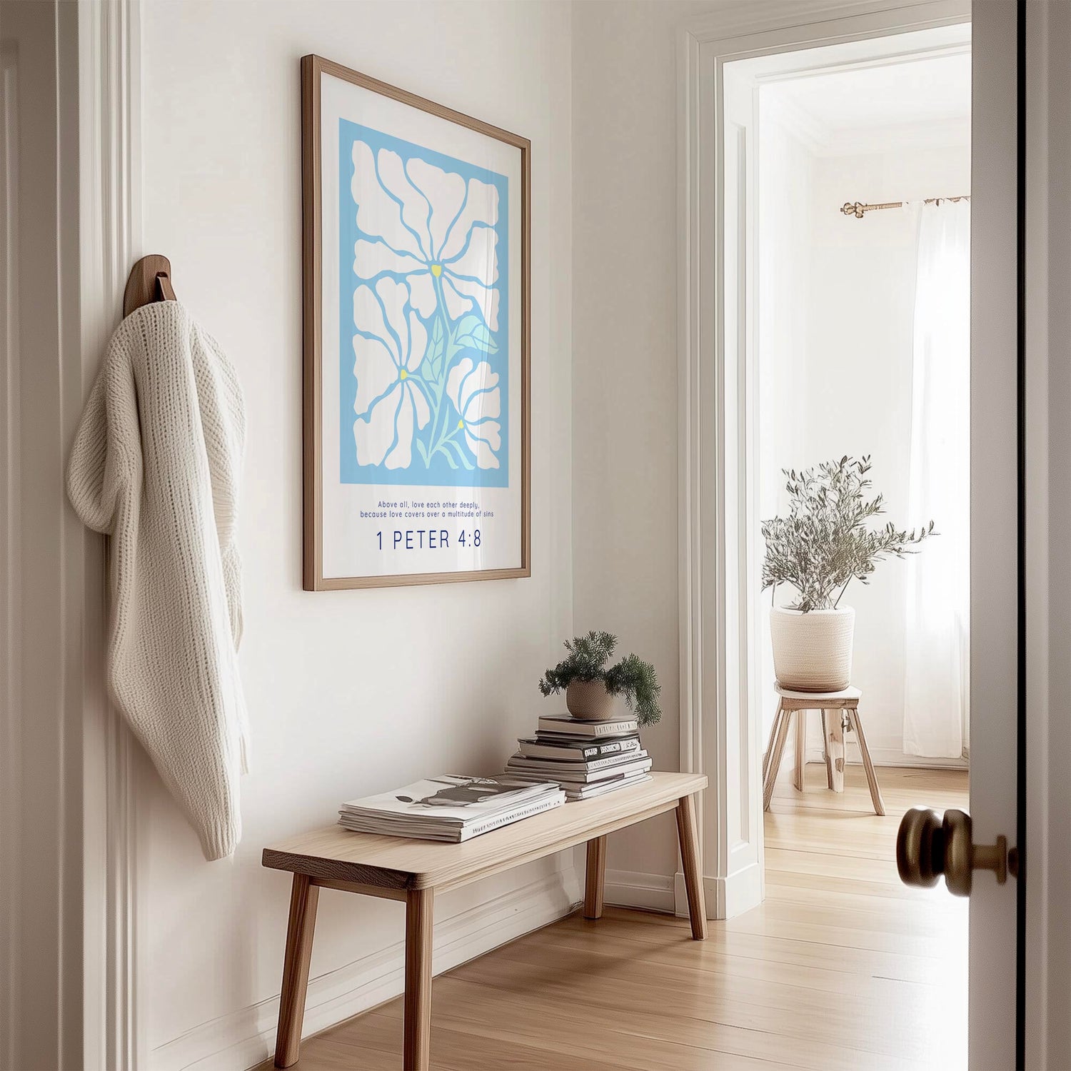 Love each other deeply verse print with delicate flowers and Scripture from 1 Peter 4:8 in calming blue tones.