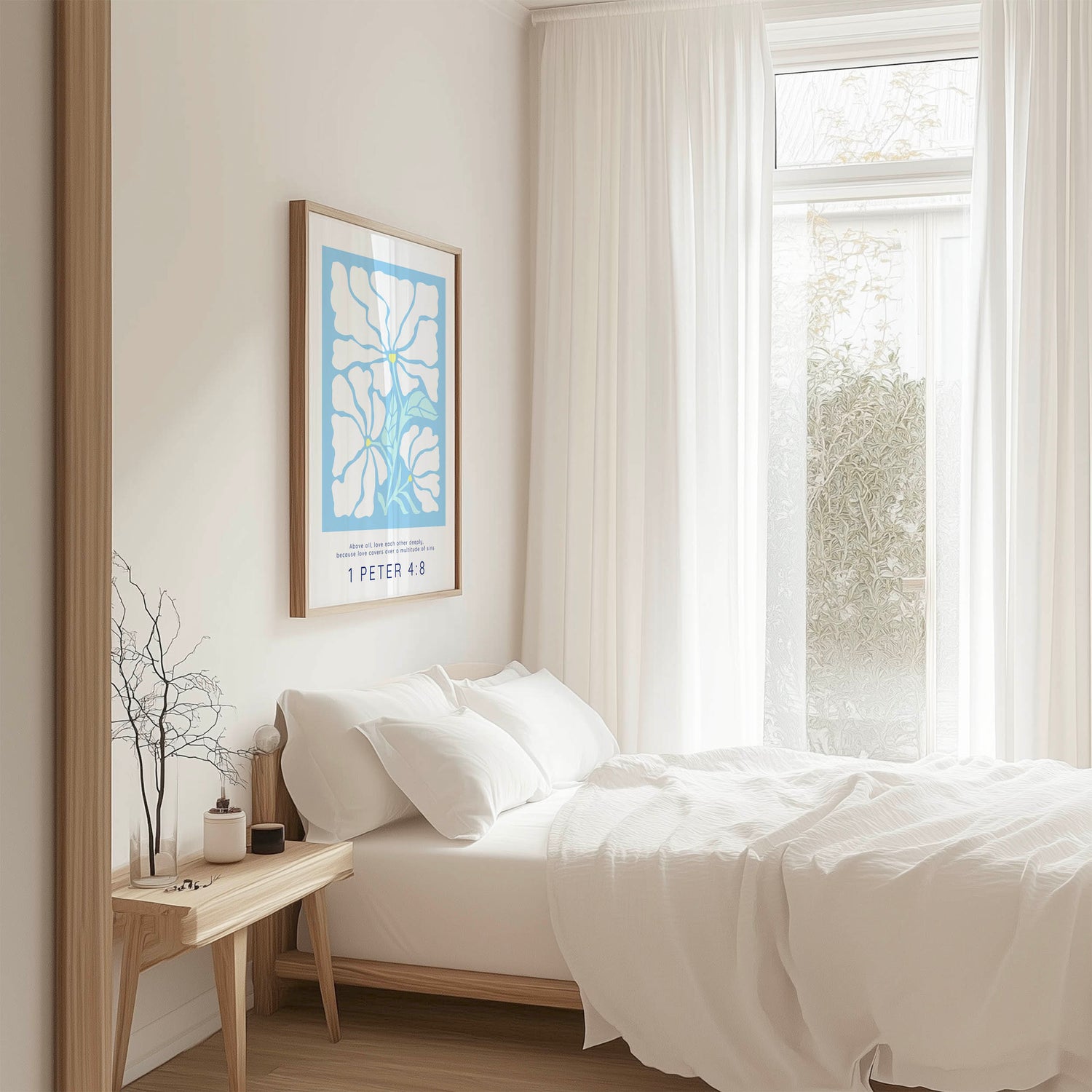 Christian wall art featuring 1 Peter 4:8 and a Matisse-style bouquet symbolising forgiveness and compassion.