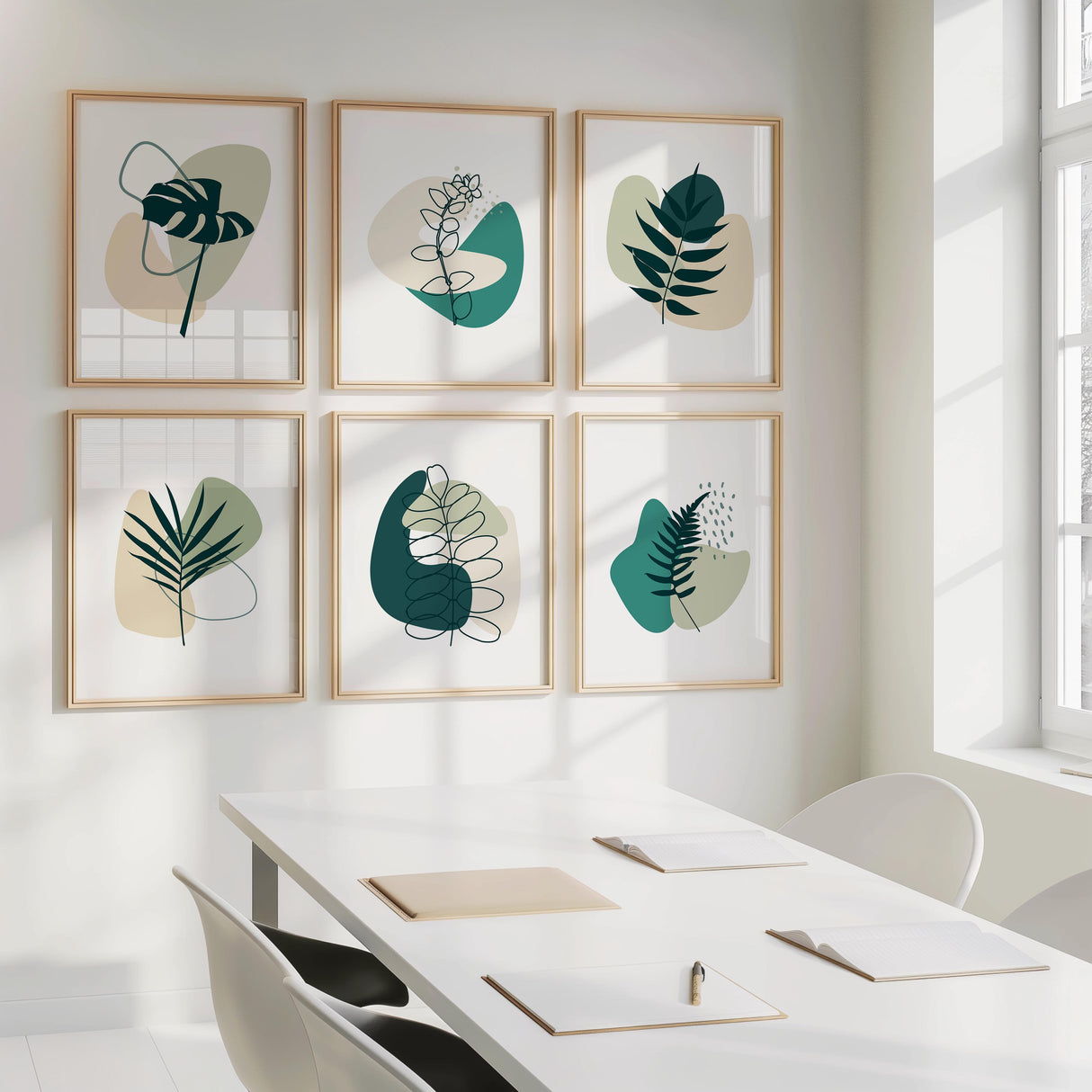 A coordinating set of botanical line art prints in calming jade and sage green tones, featuring delicate plant illustrations. Available as a set of 3, 4, 5, or 6 prints.