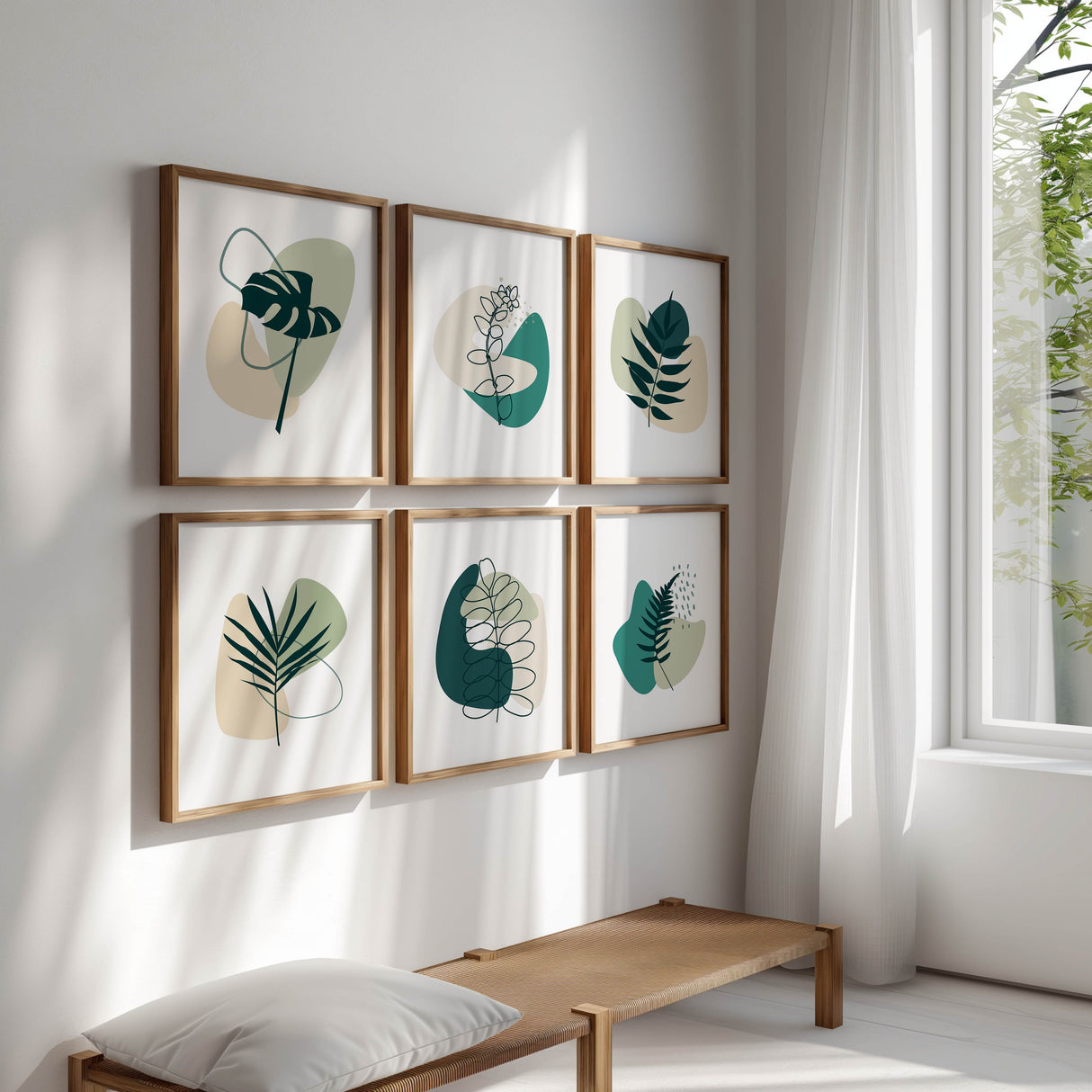 Set of botanical wall prints with delicate green line art in shades of jade and sage, ideal for creating a tranquil, nature-inspired gallery wall.