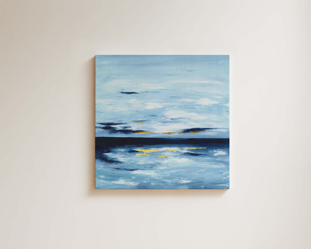 Oceanic painting with hints of gold leaf, Maritime-themed artwork with gold-infused sky and sea