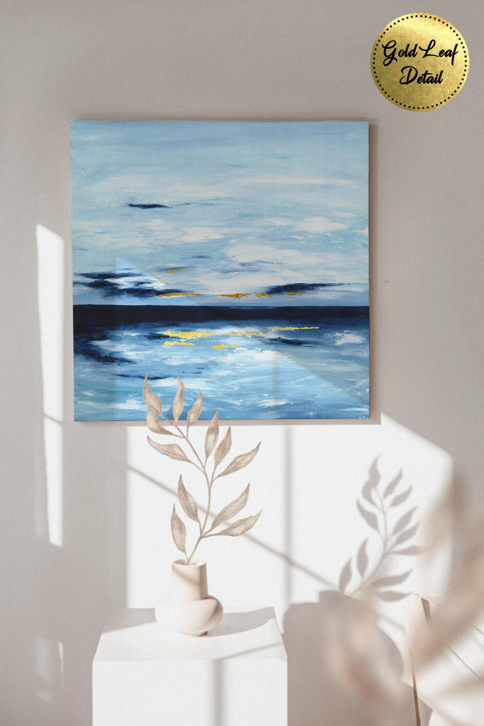 Blue and white ocean art with golden accents, Tranquil seascape artwork in blue and white, seascape with golden horizon
