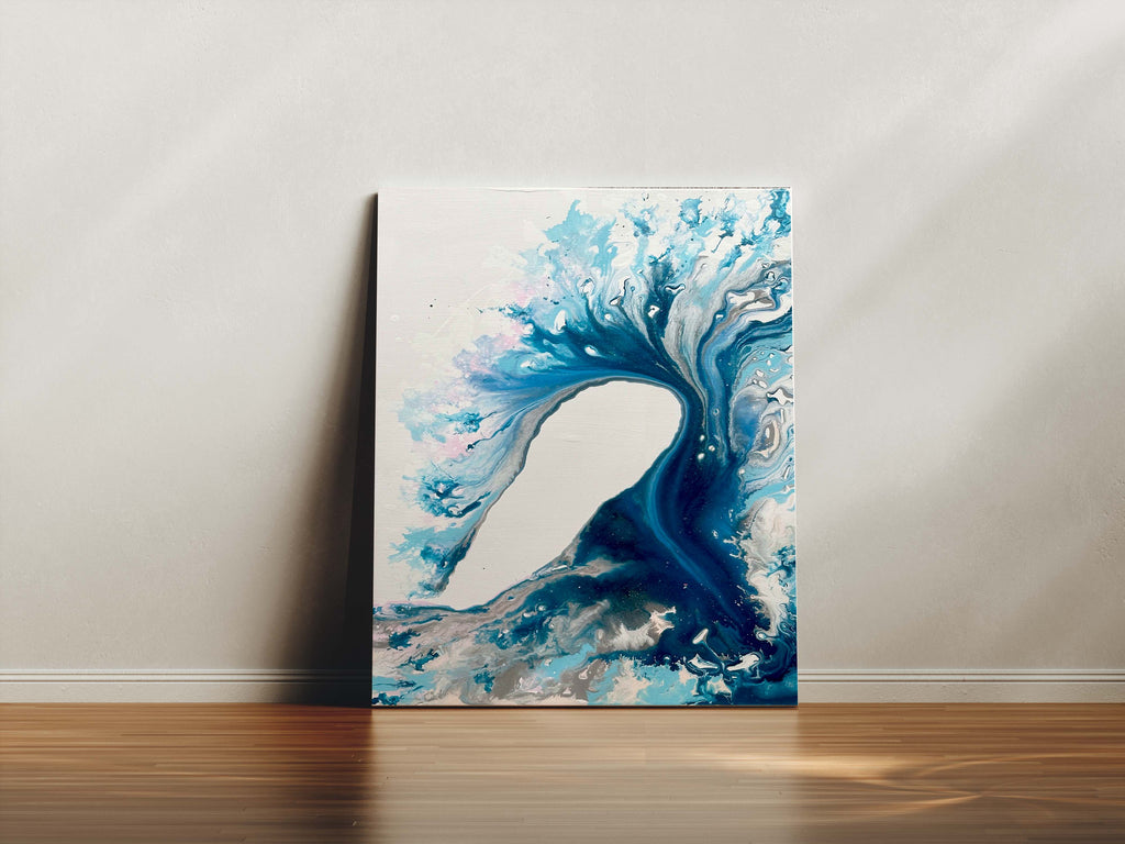 Ocean-inspired canvas art with blue and pink hues, Abstract seascape artwork with teal and inigo tones, abstract wave