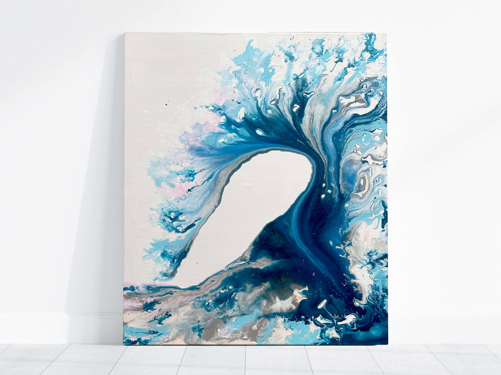 Modern Abstract Original Crashing Ocean Wave Painting in Teal & Pink, Acrylic abstract painting of rolling wave with pink