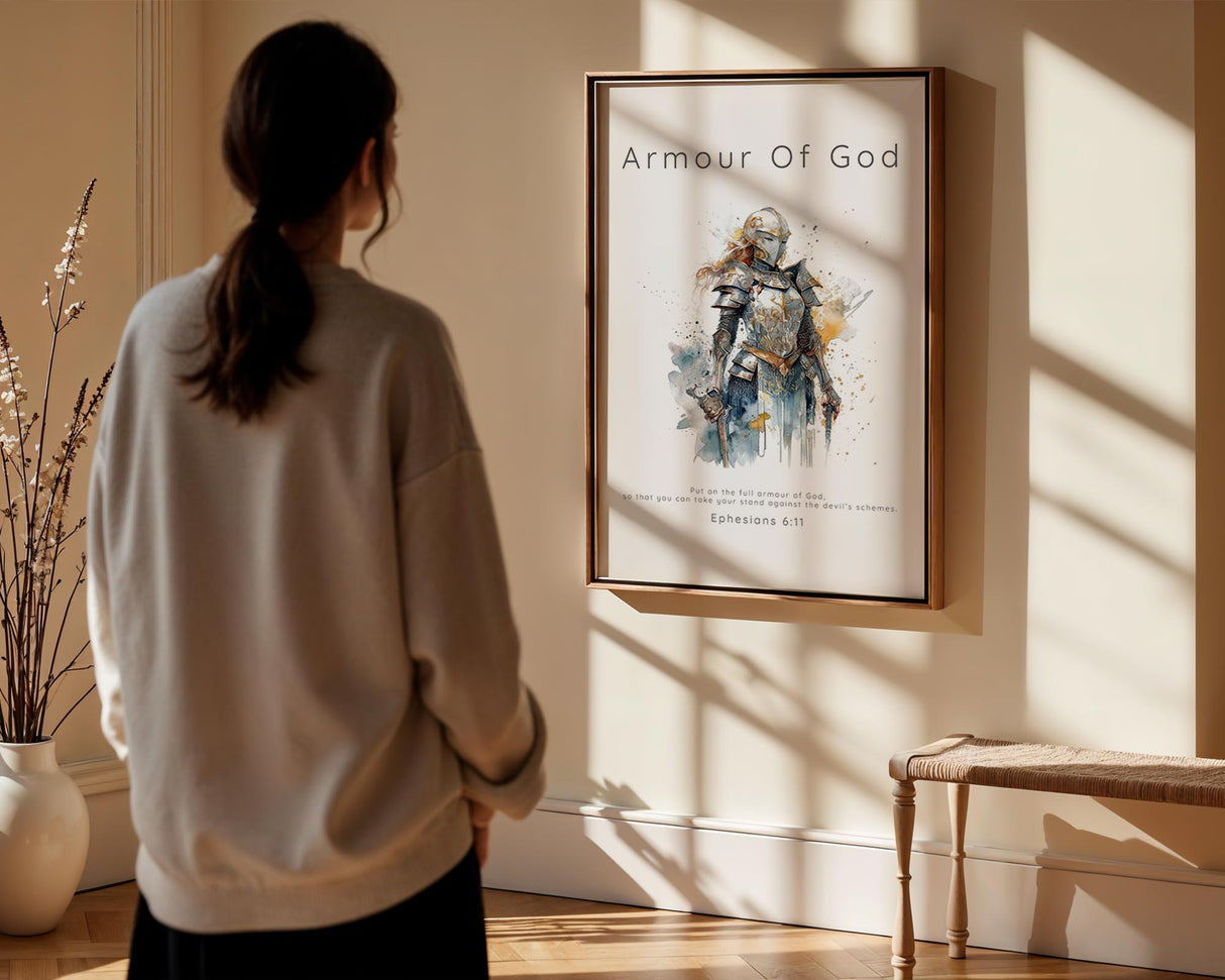 Elegant Christian decor combining feminine strength and Scripture, perfect for women of faith. Armour of God Bible verse print with a watercolour female warrior, a bold and beautiful gift of faith.