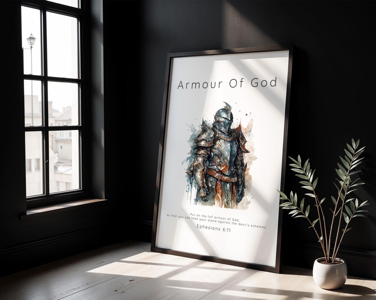 Watercolour Christian art print of a warrior in the full Armour of God, inspired by Ephesians 6:11. Bible verse wall art featuring a valiant warrior with text “Put on the full armor of God” from Ephesians 6:11.