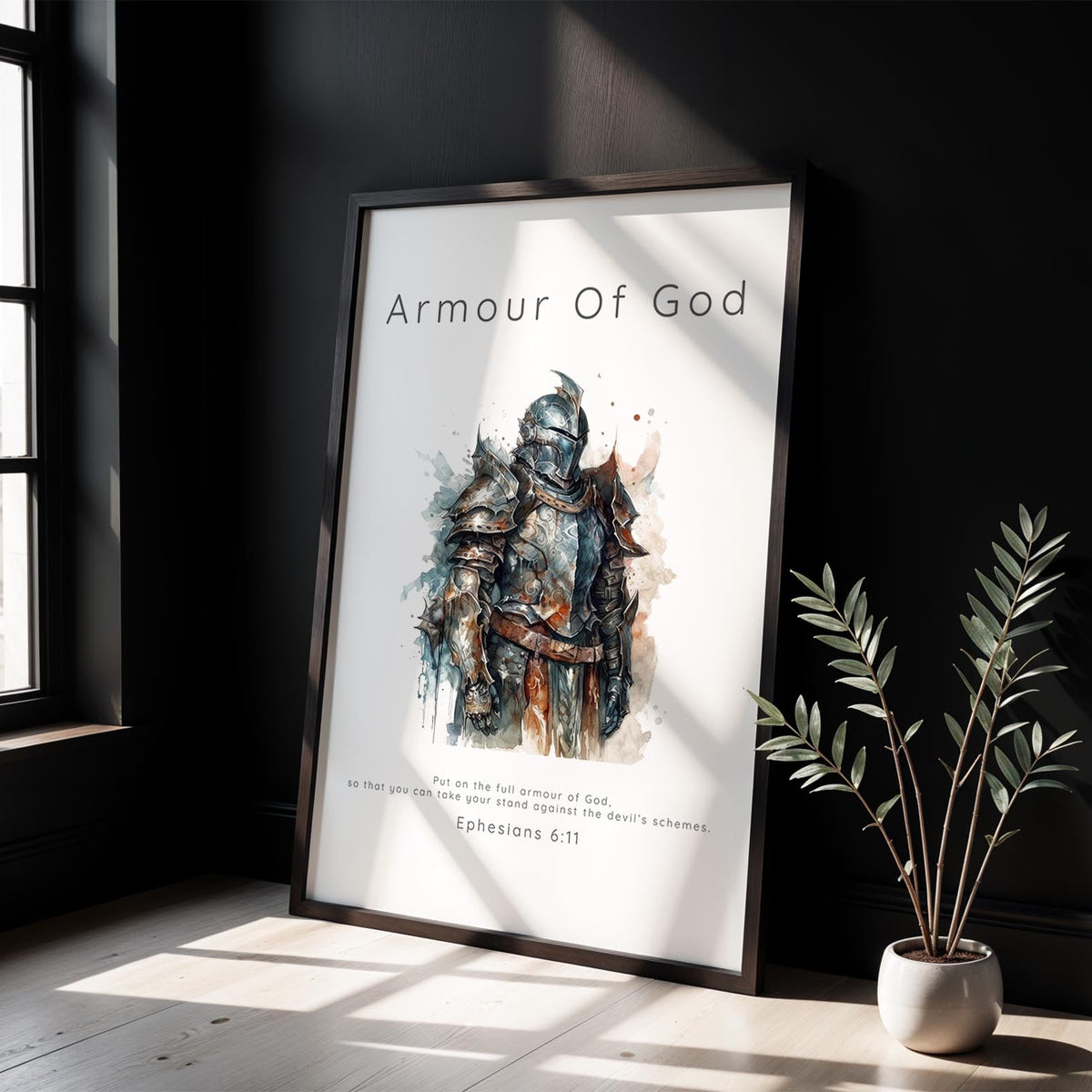 Watercolour Christian art print of a warrior in the full Armour of God, inspired by Ephesians 6:11. Bible verse wall art featuring a valiant warrior with text “Put on the full armor of God” from Ephesians 6:11.