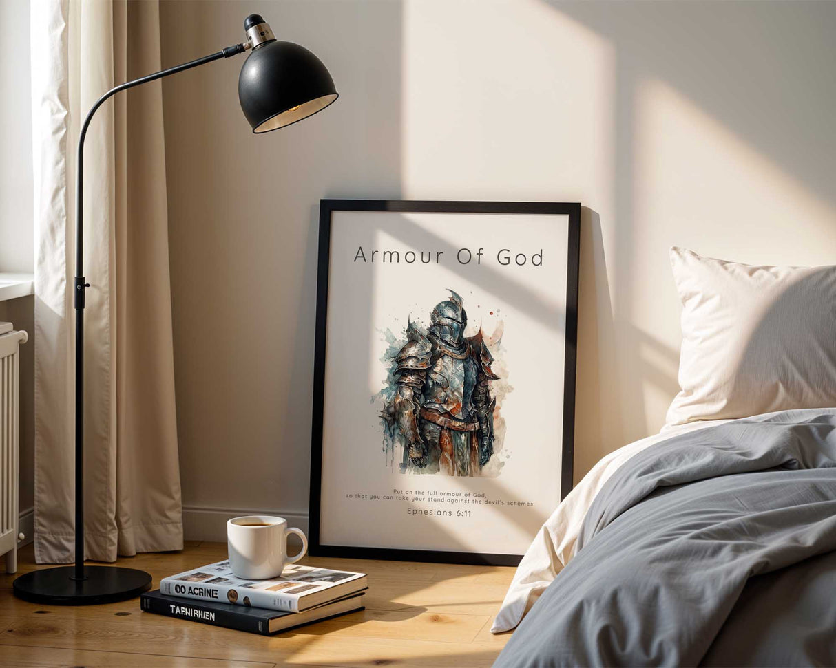 Spiritual Christian wall decor showing the Armour of God and a Scripture reminder of divine protection.
Inspirational faith-based art print depicting a warrior clothed in biblical armour, symbolising strength and resilience.