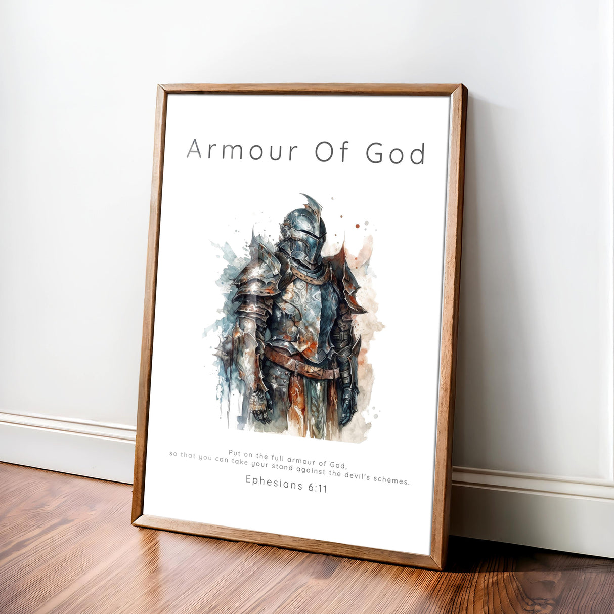Powerful watercolour artwork with Christian warrior and Ephesians 6:11, ideal for encouraging daily spiritual strength. Armour of God print with bold imagery and scripture, perfect Christian gift for men and women of faith.