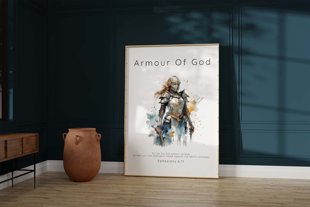 Spiritual watercolor scripture print, Elegant Armour of God poster, Ephesians 6:11 visual inspiration, Divine empowerment home decor