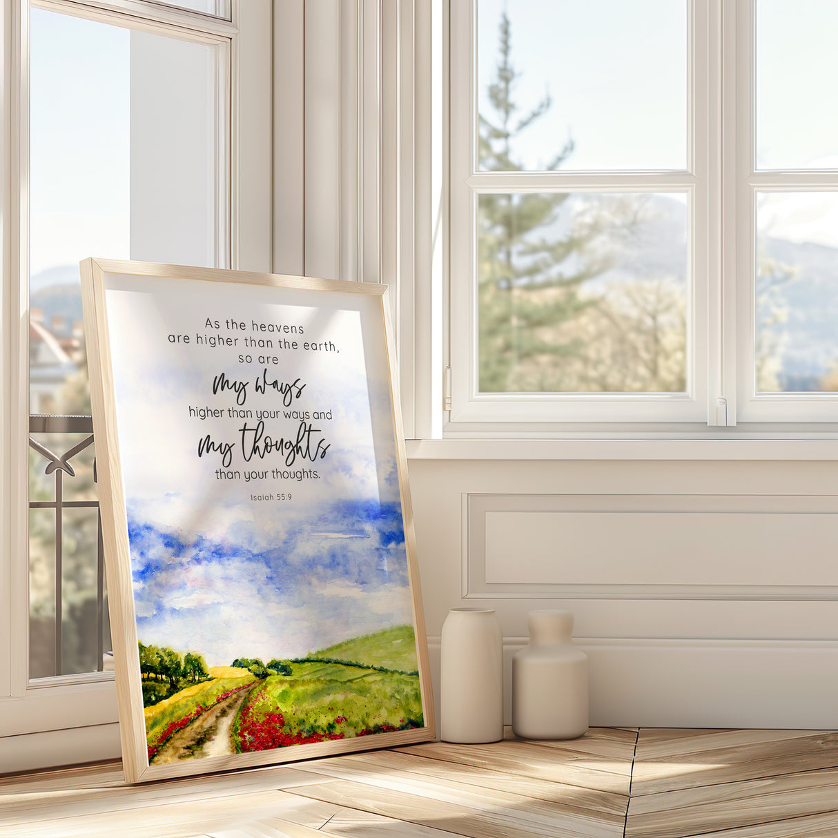 Landscape print with Isaiah 55:9 Bible verse and countryside path reminding us of God’s higher ways.