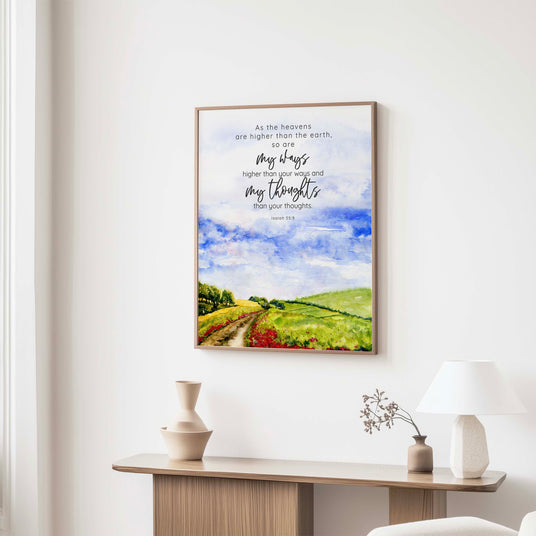 Peaceful English countryside wall art featuring scripture from Isaiah 55:9 and a winding walking path.