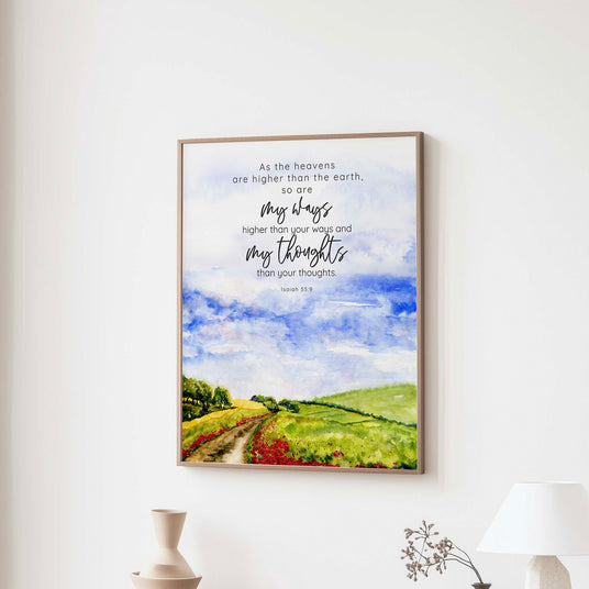 Peaceful English countryside wall art featuring scripture from Isaiah 55:9 and a winding walking path.