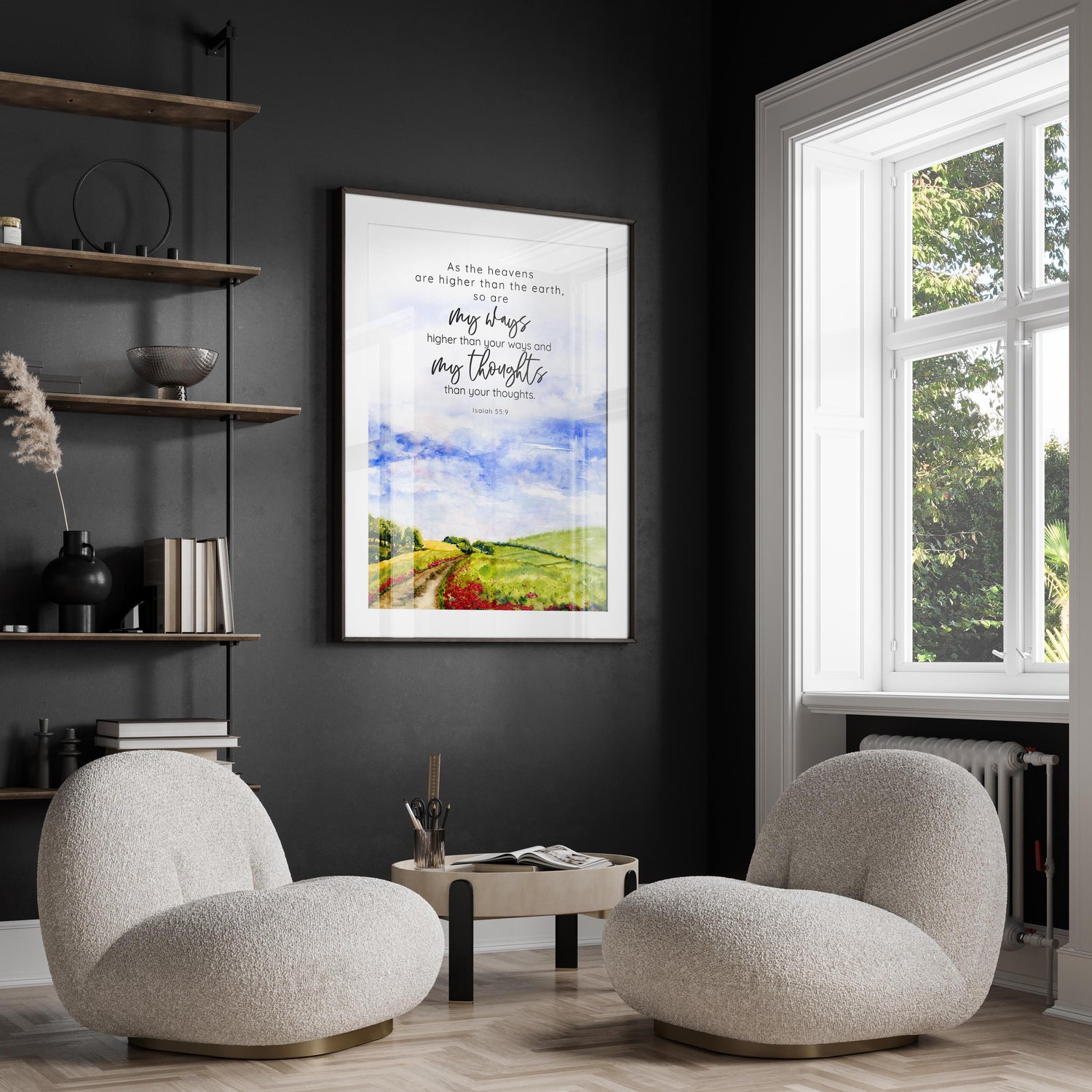 Beautiful English countryside art with scripture, Thought-provoking pathway print with Bible verse, Faith-inspired art