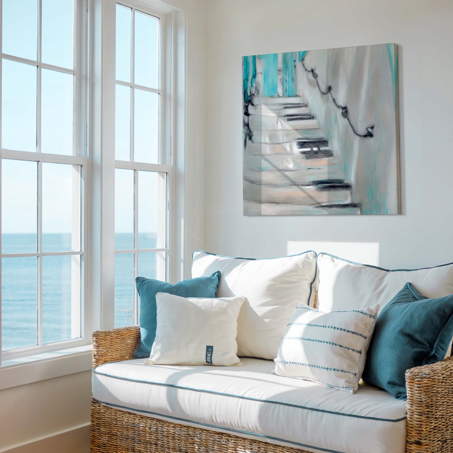 Soft indigo and white abstract stairway artwork from the Echoes of the Aegean collection.