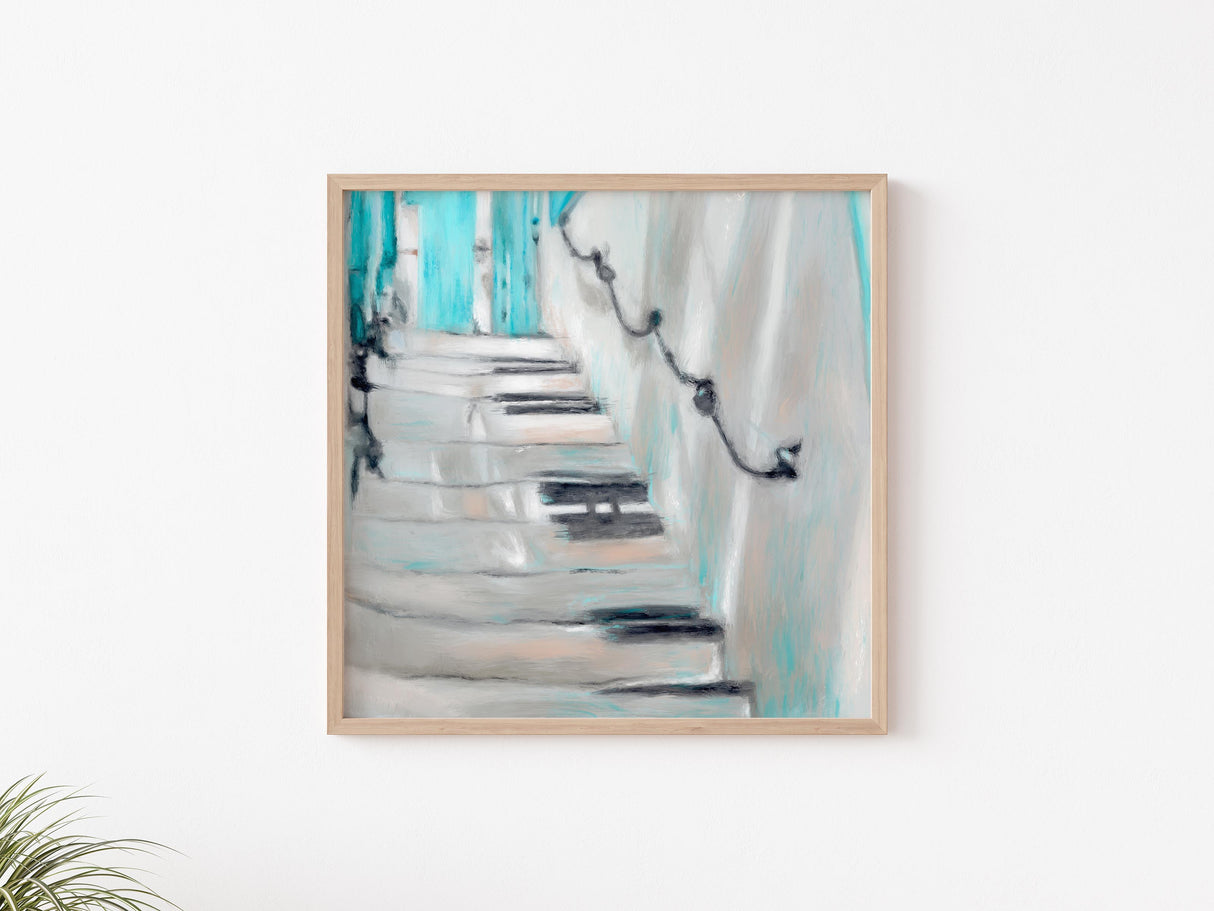 Abstract painting of stairs ascending in soft blue and white tones, inspired by the Aegean Sea.