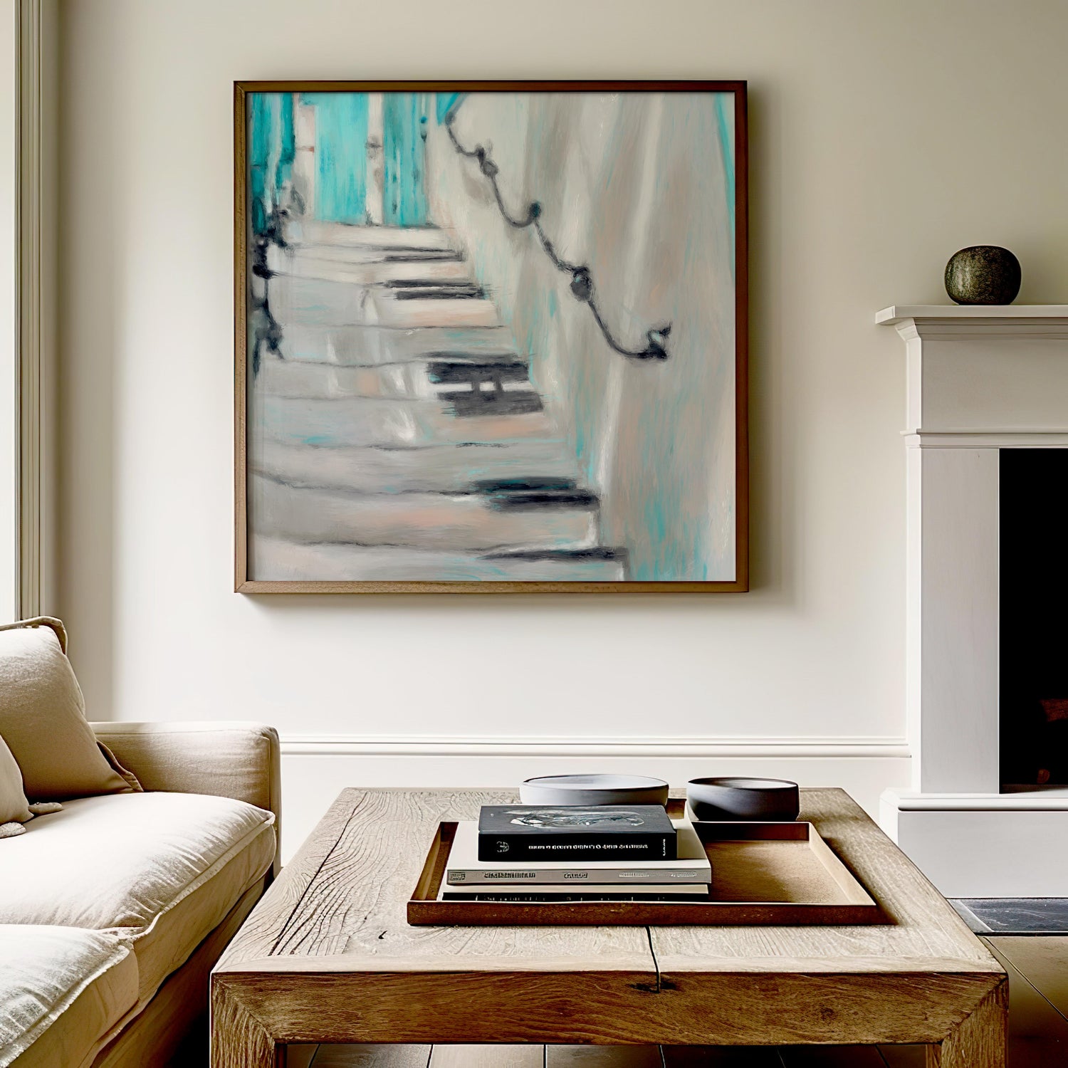 Modern abstract stairway painting with calming blue hues and textured brushstrokes.