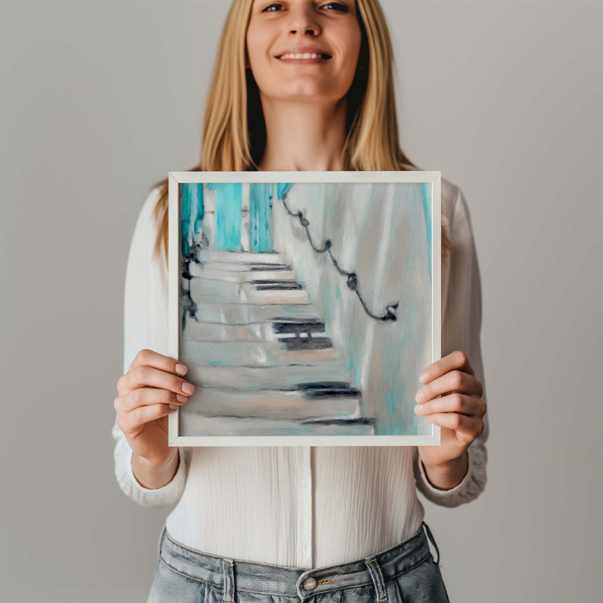 Abstract canvas print of ascending stairs with subtle light and shadow play.