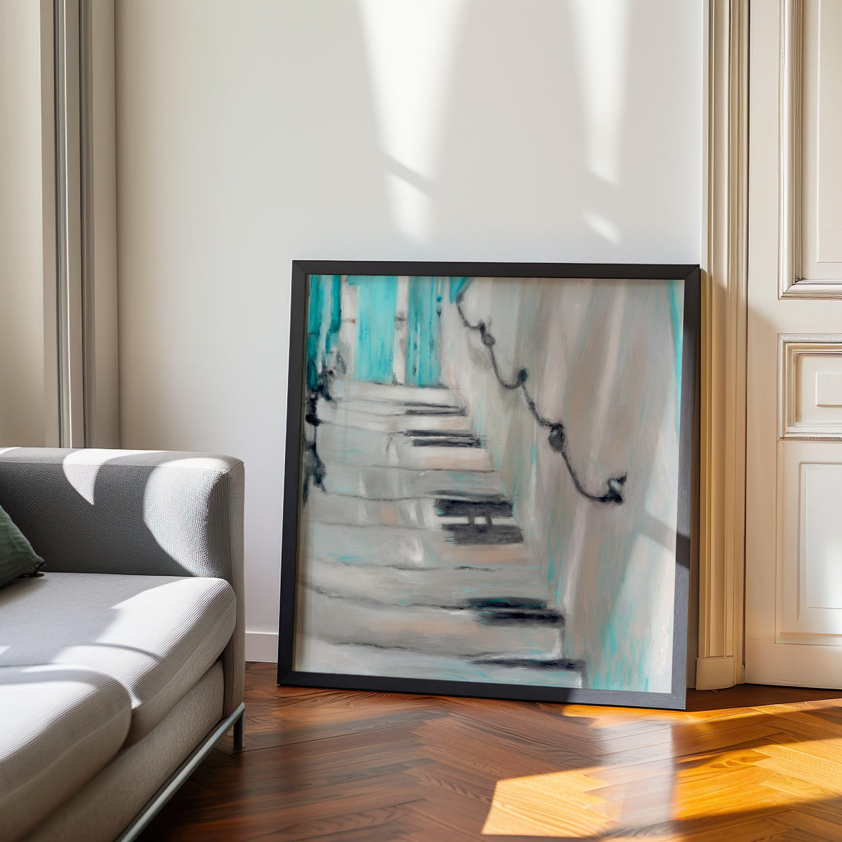 Contemporary abstract art inspired by Mediterranean stairways and sea views.