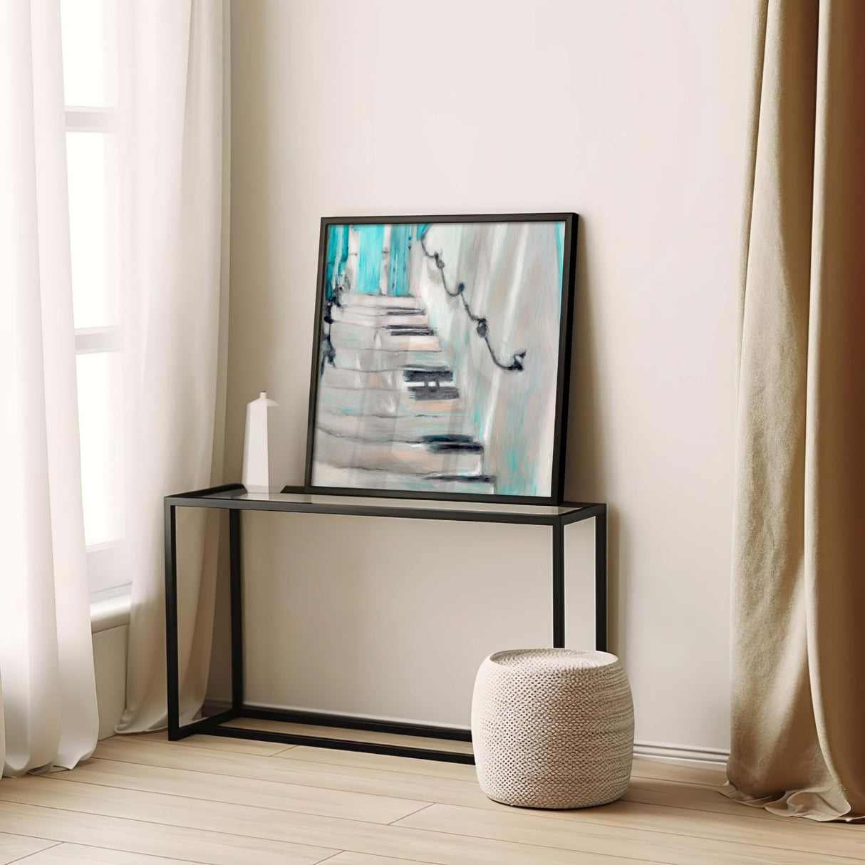 Blue and white stairway abstract painting symbolizing personal growth and ascent.