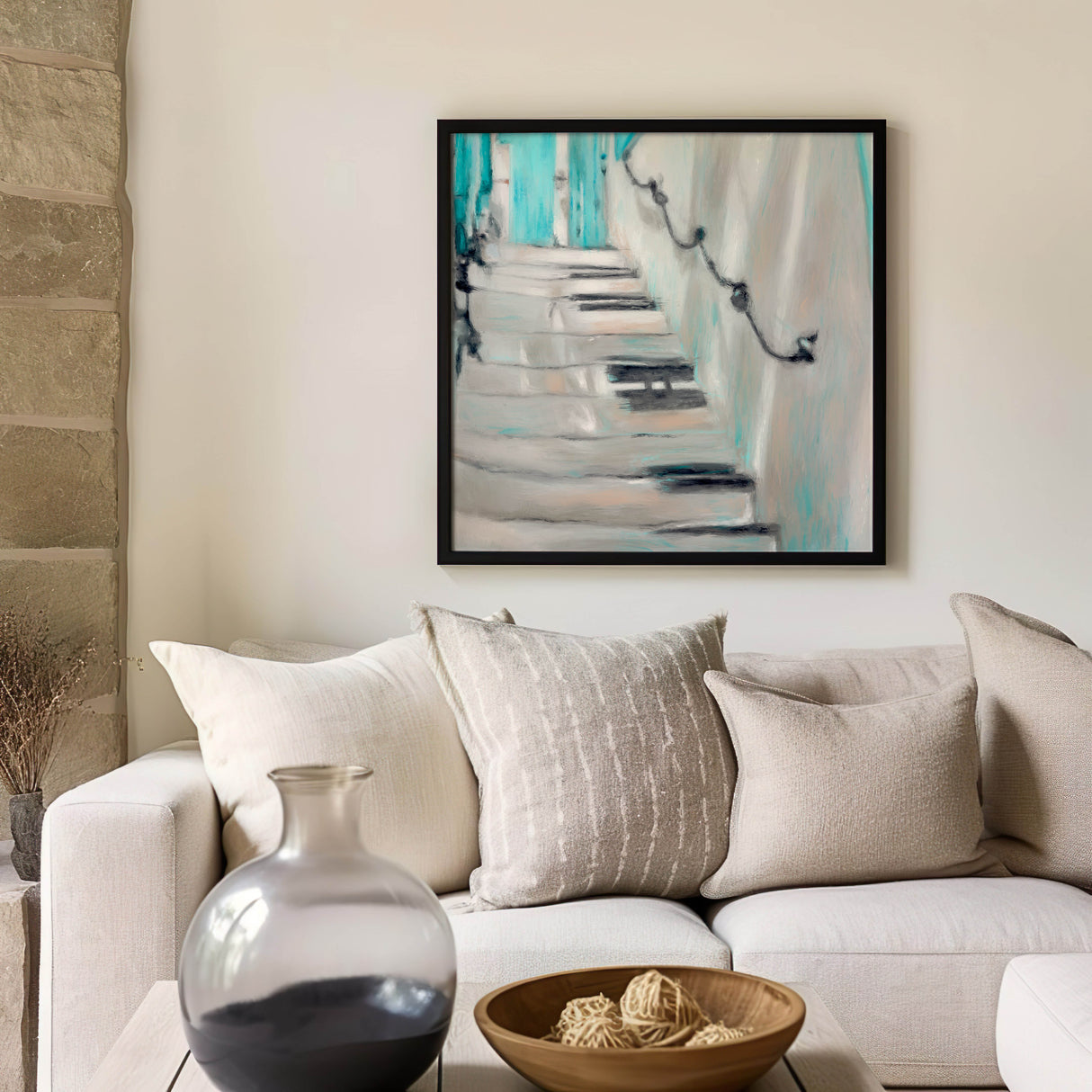 Textured abstract stairs painting with soothing ocean-inspired colours.