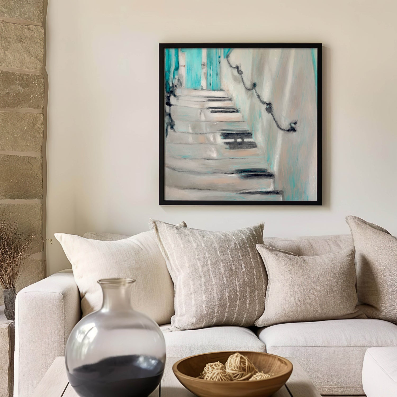 Textured abstract stairs painting with soothing ocean-inspired colours.