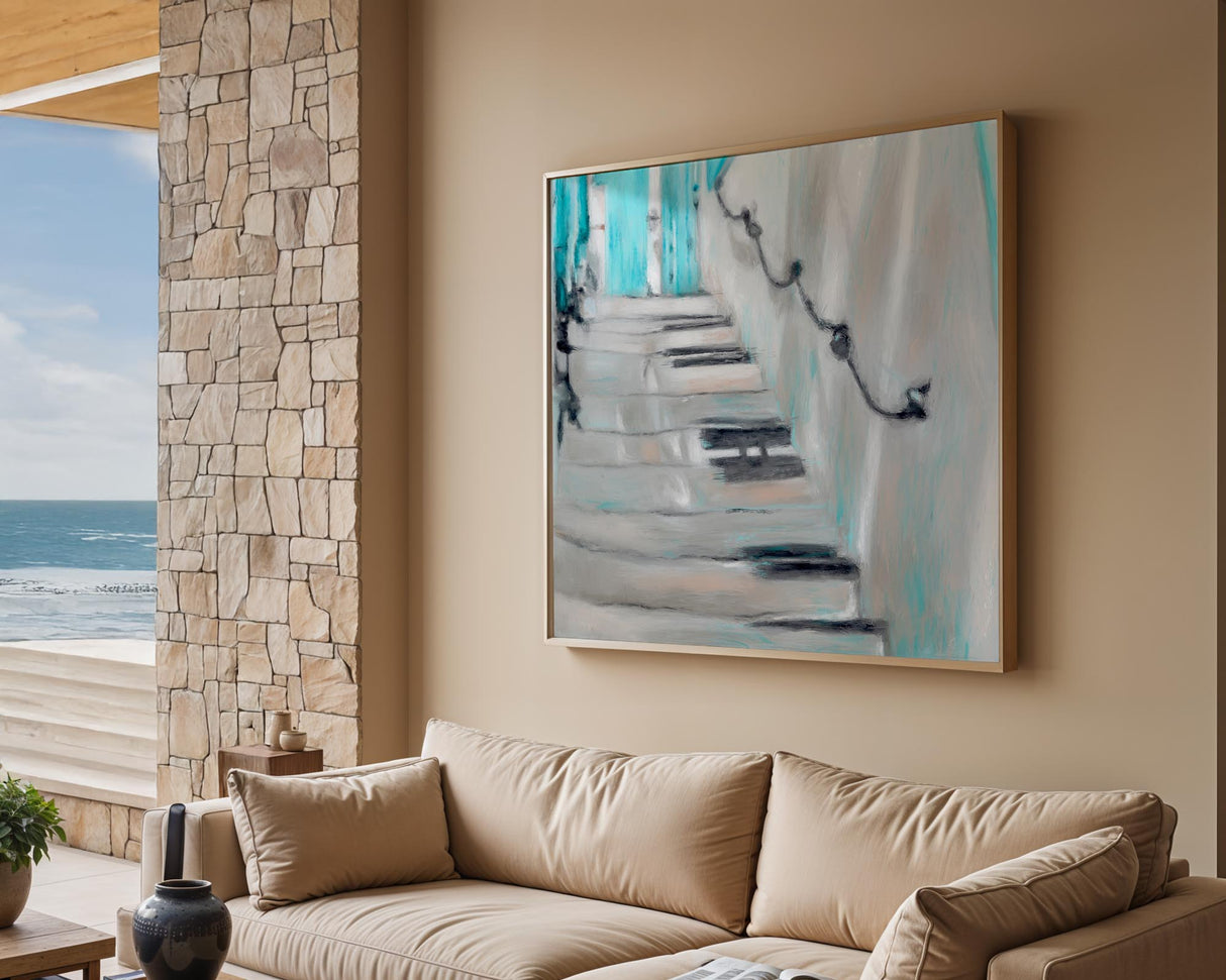 Minimalist Aegean-inspired abstract artwork depicting a stairway to new horizons.