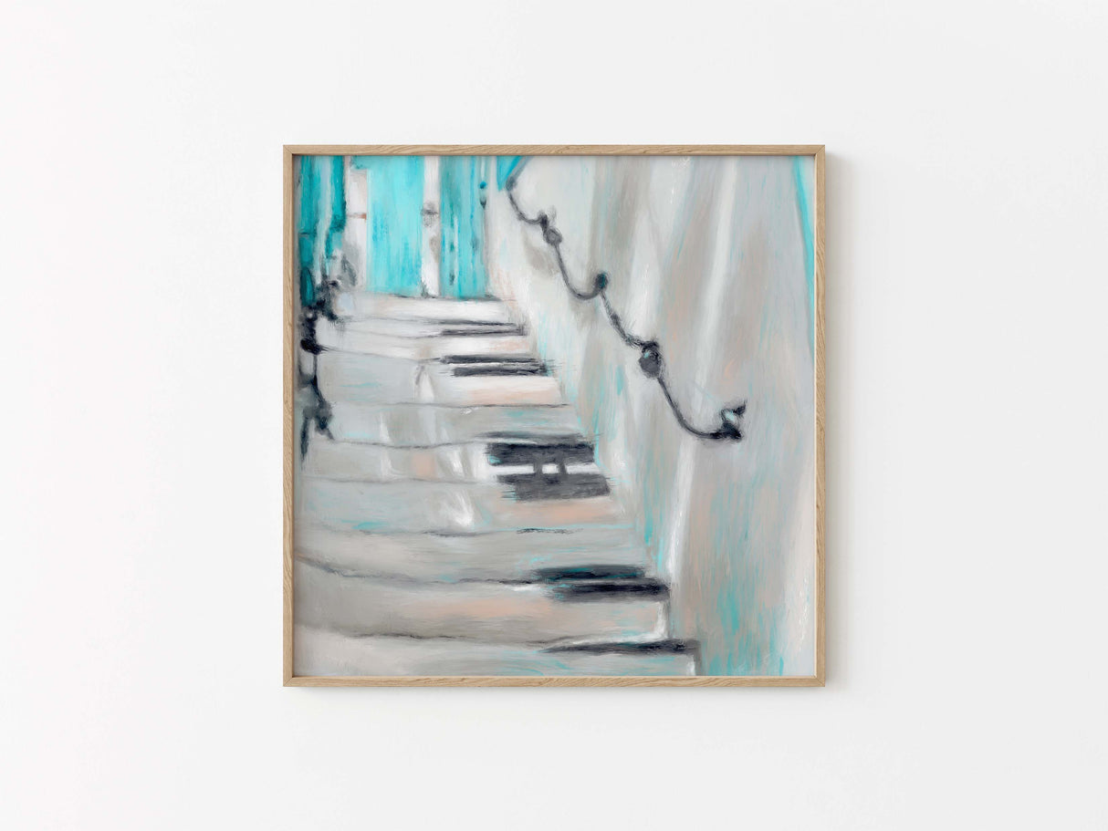 Abstract art print showing upward stairway in shades of blue and white.