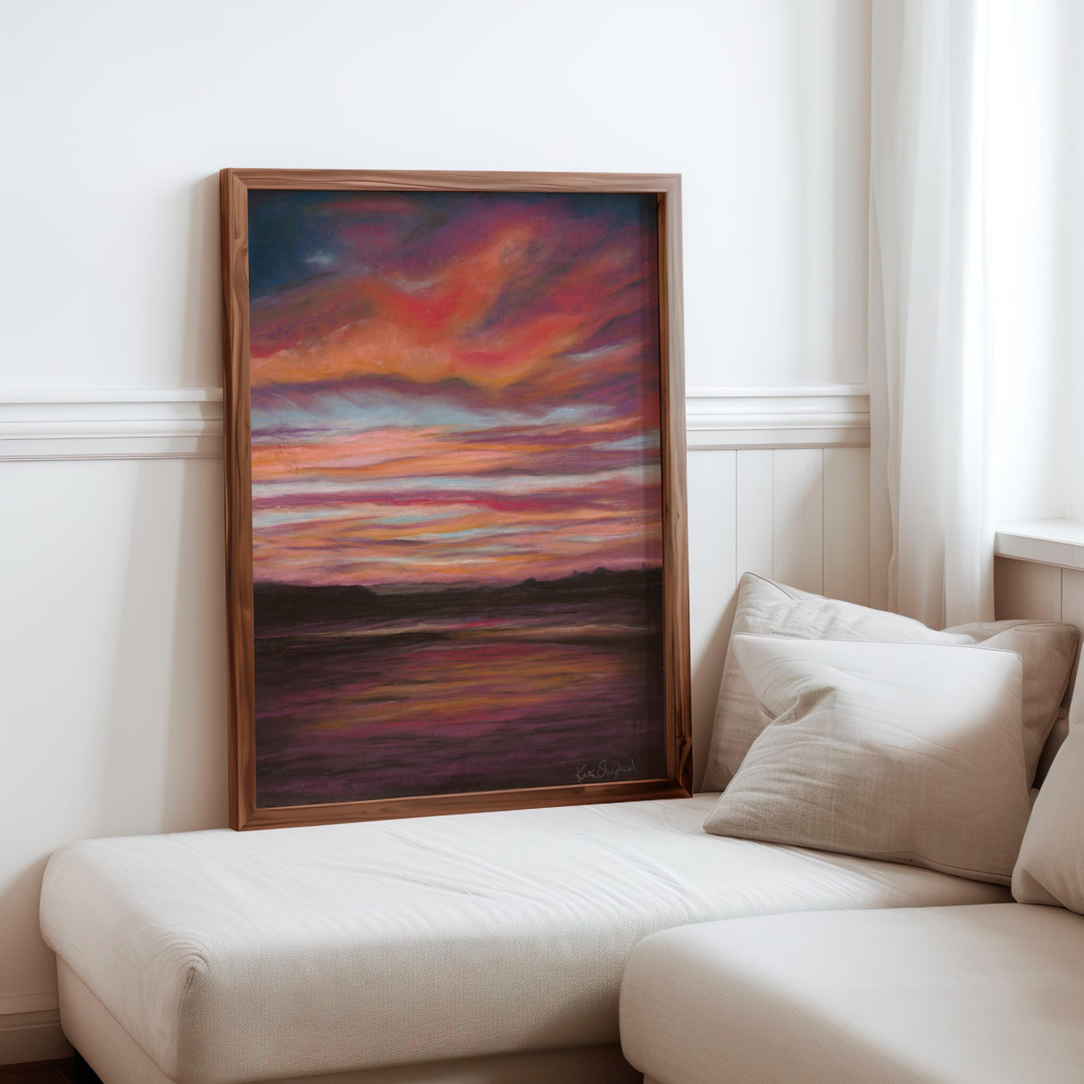 Atmospheric seascape print capturing a dramatic sunset over Poole Bay, inspired by Whitecliffe.
