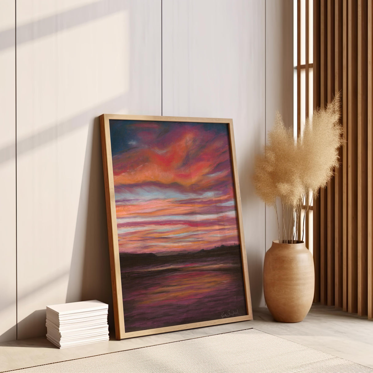 Fine art print of a stormy sky over Poole Bay, with rich, moody tones and vibrant pastel textures.