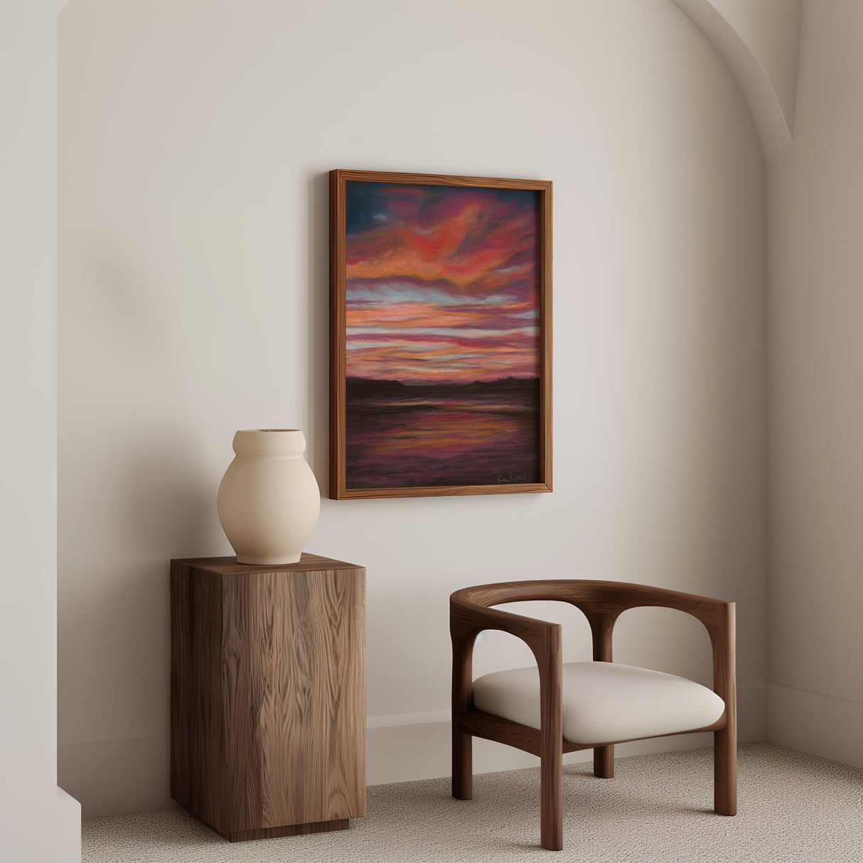 Atmospheric seascape print featuring deep reds, oranges, and blues, taken from an original pastel painting.