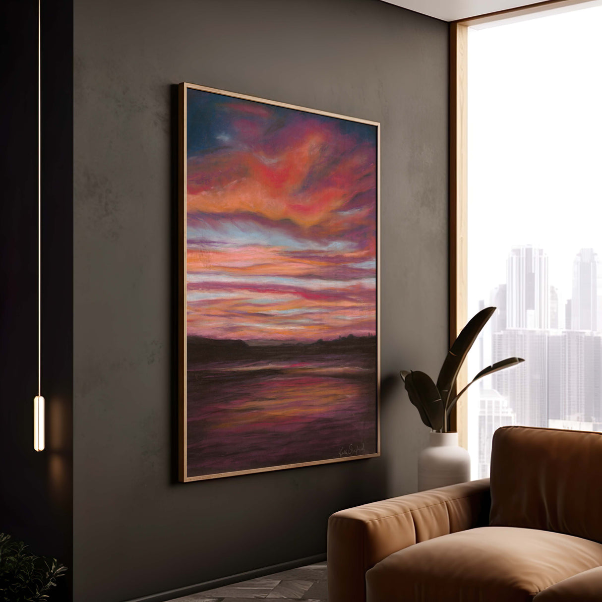 Rich sunset tones fill the sky in this coastal seascape print.