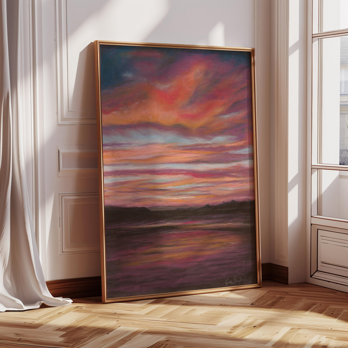 Moody, fiery sky over Poole Bay in this high-quality print.