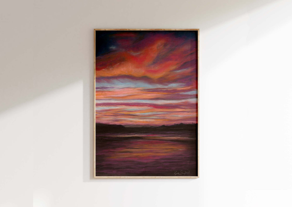 High-quality fine art print of a moody sky over Poole Bay, inspired by stormy coastal sunsets.