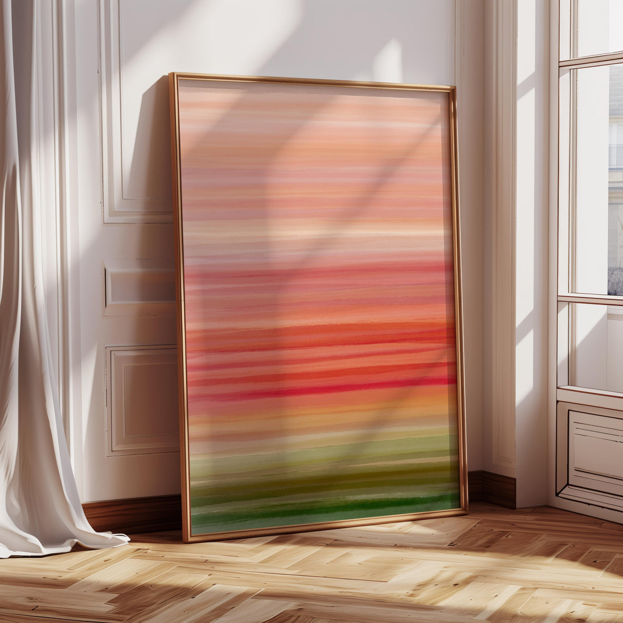 Modern abstract painting evoking autumn with orange, peach, and green tones.