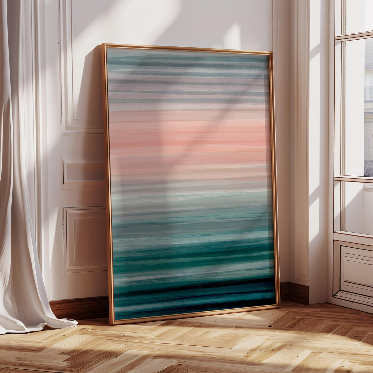 A unique seasonal abstract painting reflecting winter’s serene and icy tones.