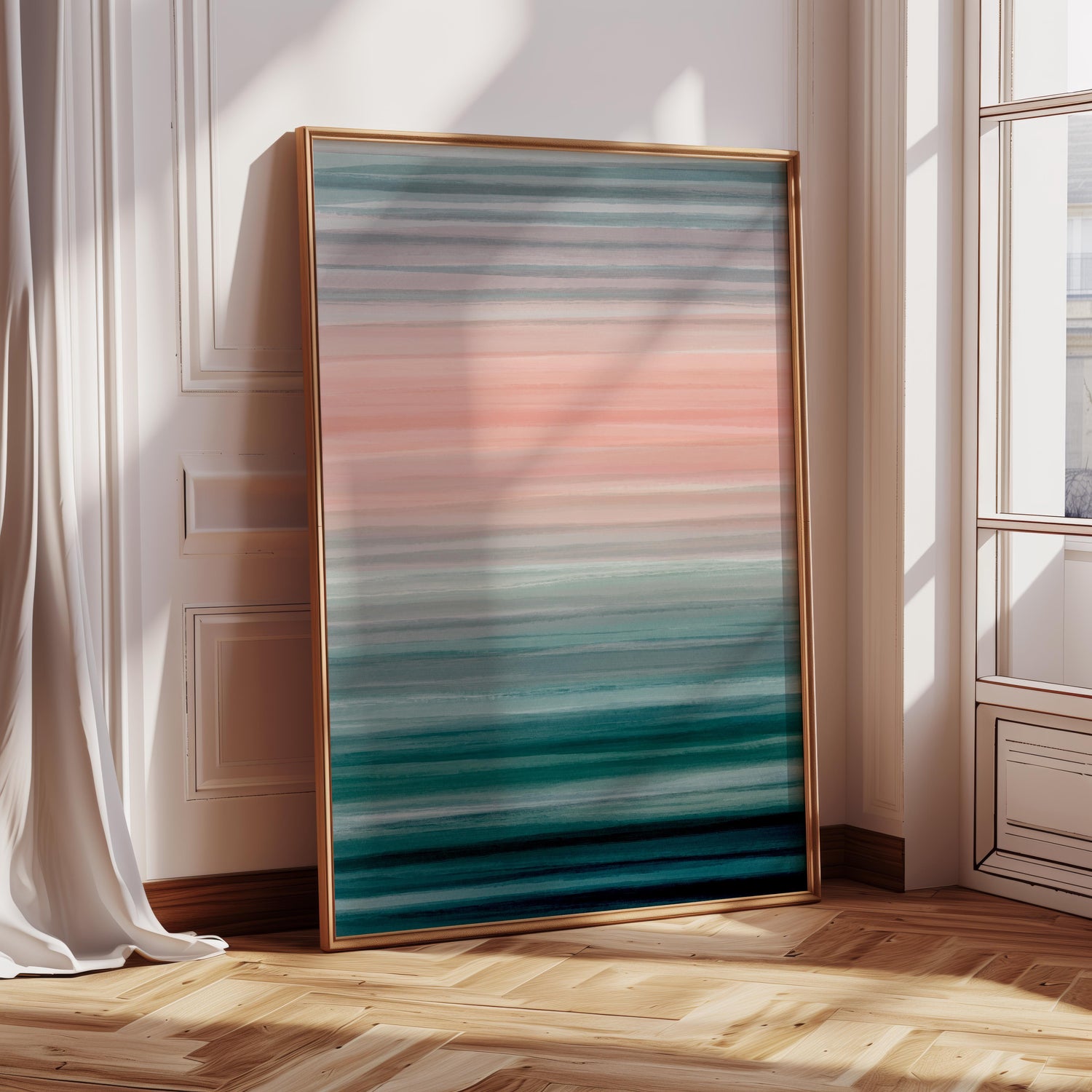 A unique seasonal abstract painting reflecting winter’s serene and icy tones.