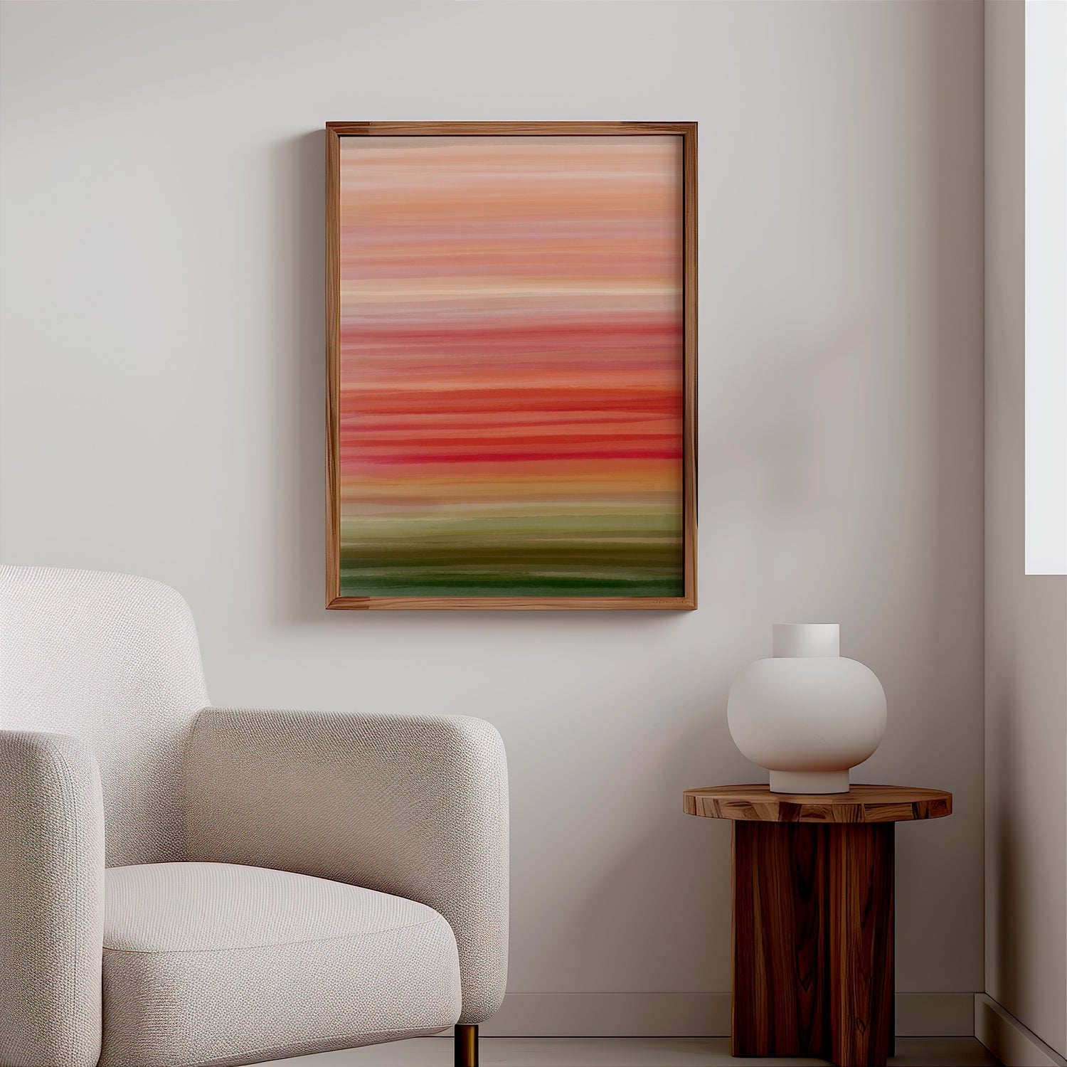 Contemporary striped painting in autumnal tones of orange, peach, and green.