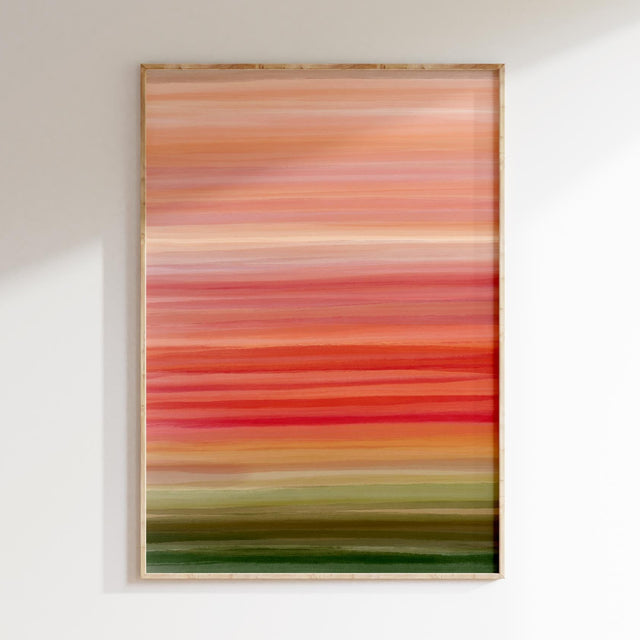 Autumn abstract painting with warm orange, peach, and green horizontal stripes.
