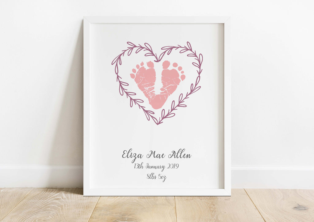Unique baby footprint art with personalized birth information, Heart wreath baby footprint print in customizable colours