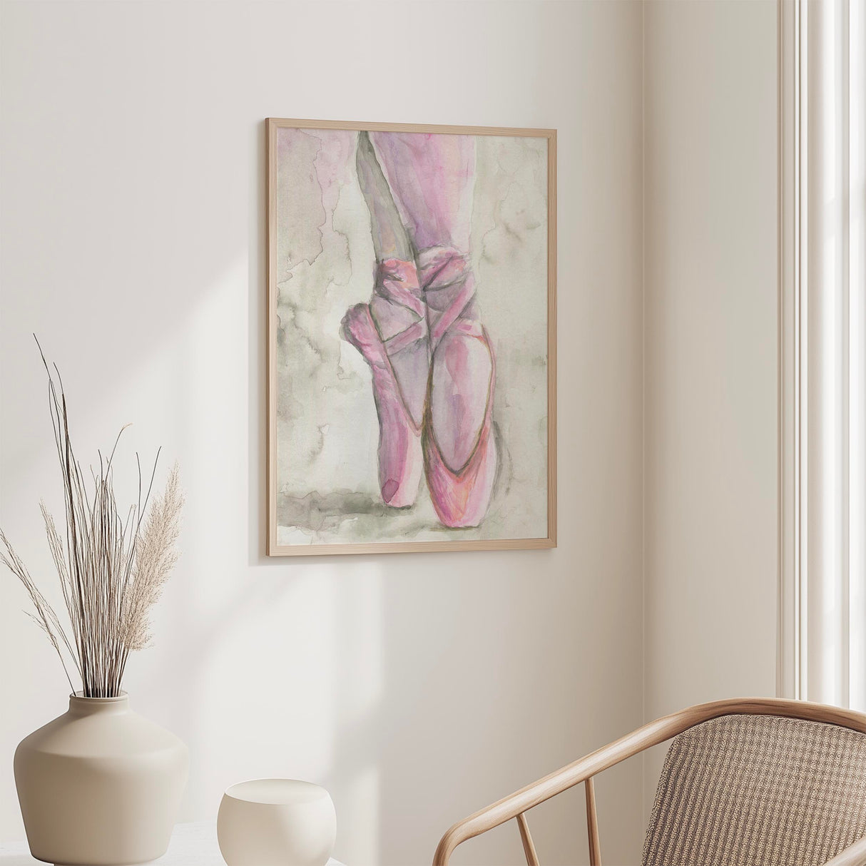 Feminine ballet slippers art in pink and grey tones to bring calm elegance to any decor.