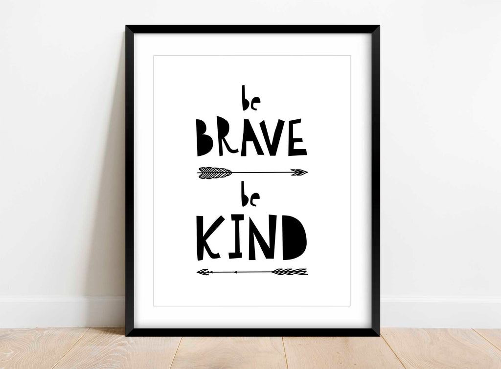 Arrow-themed nursery print promoting bravery and kindness for boys, Gender-neutral 'Be Brave Be Kind' nursery print with arrows