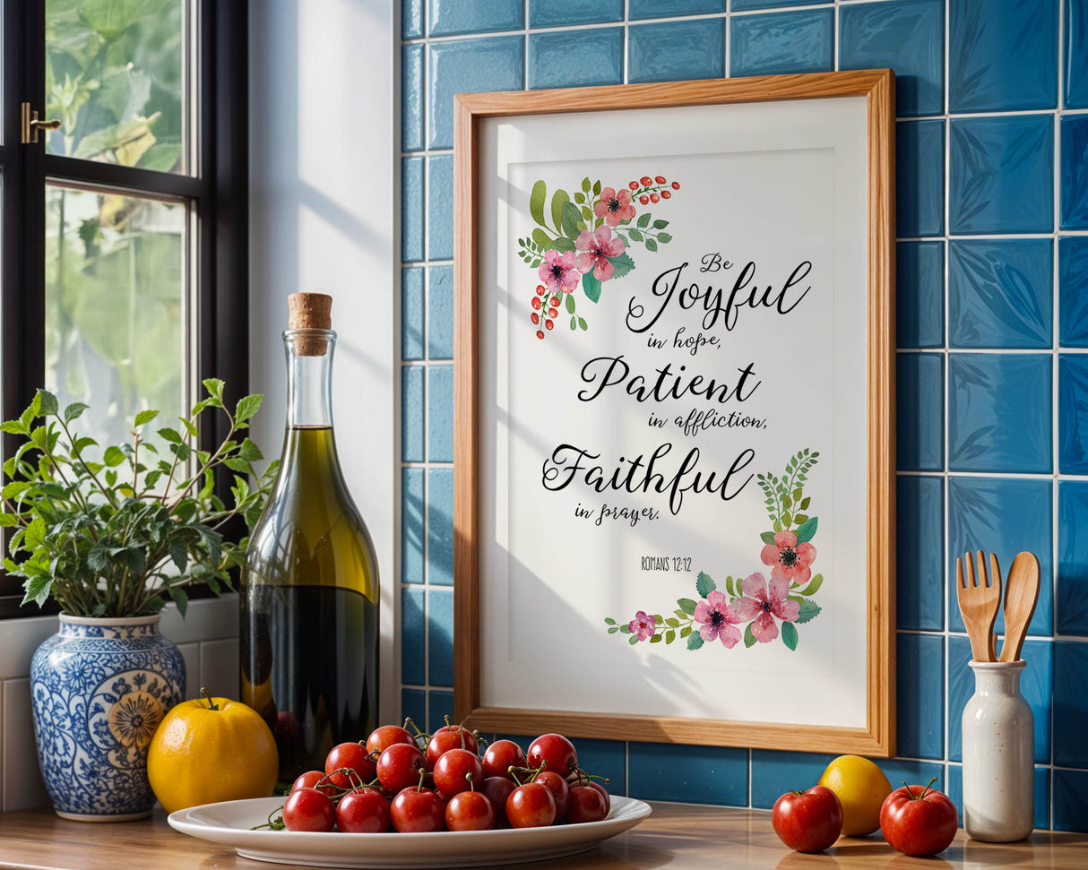 Be joyful in hope Christian print with delicate floral border and calming, faith-filled message from Romans 12 12.