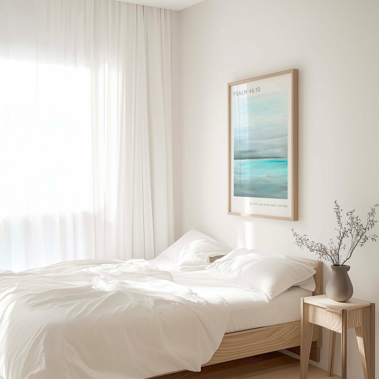 Tranquil ocean-themed Bible verse print featuring Psalm 46 10 for peaceful home inspiration.